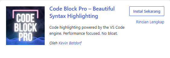 Plugin Code Block Pro - Beautiful Syntax Highlighting (oleh Kevin Batdorf)