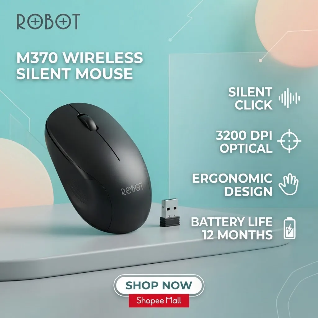 Banner promosi ROBOT Mouse Wireless Silent Click M370 berukuran 1:1 untuk ulasan efisiensi kerja profesional yang relevan dengan pembahasan apa saja dampak etis dan moral yang perlu dipertimbangkan dalam penggunaan kecerdasan buatan dalam akuntansi, menampilkan desain mouse nirkabel ergonomis anti-bising dengan teks keunggulan produk dan tombol Call-to-Action beli di Shopee Mall.