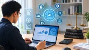 Ilustrasi apa saja dampak etis dan moral yang perlu dipertimbangkan dalam penggunaan kecerdasan buatan dalam akuntansi, menampilkan akuntan bekerja dengan laptop berbasis AI, data keuangan, simbol keamanan, privasi, objektivitas, integritas, dan akuntabilitas.