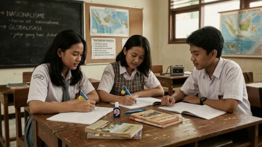 Apa Saja Tantangan Yang Dihadapi Dalam Menjaga Identitas Kebangsaan di Era Globalisasi? 5 Tantangan Penting yang Perlu Dipahami - 𝖗𝖎𝖋𝖆𝖎𝖍𝖆𝖒𝖉𝖆.𝖈𝖔𝖒 Sebuah foto analog berbutir tahun 1985 yang menangkap tiga siswa SMA Indonesia dalam seragam sekolah (putih dan abu-abu), duduk mengelilingi meja kayu yang sudah tua di dalam ruang kelas. Mereka terlihat serius dan fokus menulis di buku catatan. Salah satu siswa perempuan memegang pulpen VIRAL 4IN1 berwarna biru yang khas dengan pesona tersenyum terpasang. Gambar ini mencerminkan lingkungan belajar di tengah pembahasan tantangan menjaga identitas kebangsaan di era globalisasi. Latar belakang buram menampilkan papan tulis dan buku-buku teks.