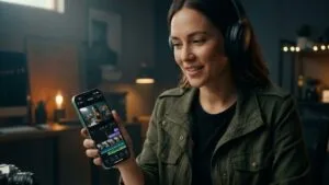 Apa yang Bisa Kamu Lakukan di Smartphone mu, 10 Aktivitas Menarik dengan iPhone 15 Plus 256GB Ilustrasi aktivitas kreatif tentang apa yang bisa kamu lakukan di smartphone mu, menampilkan seorang wanita sedang mengedit video di ponselnya, lengkap dengan perlengkapan pendukung seperti headphone, kamera, buku catatan, dan gamepad di atas meja.