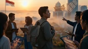 Apakah Identitas Nasional Dapat Bertransformasi Seiring Perubahan Zaman Tanpa Kehilangan Esensi Dasarnya? Panduan Penting Memahami Jati Diri di Era Modern Sebuah ilustrasi sinematik yang menunjukkan generasi muda Indonesia menggunakan teknologi tablet untuk melihat budaya tradisional di tengah pemandangan kota modern saat matahari terbit, menggambarkan apakah identitas nasional dapat bertransformasi seiring perubahan zaman tanpa kehilangan esensi dasarnya?