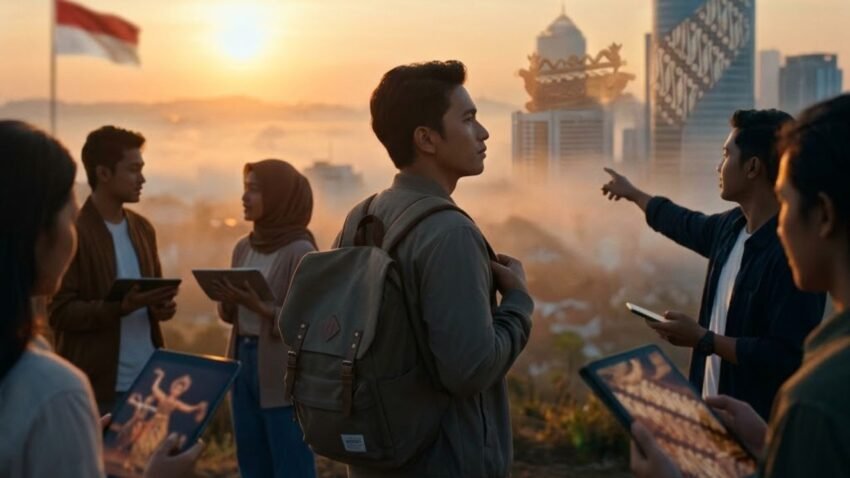 Apakah Identitas Nasional Dapat Bertransformasi Seiring Perubahan Zaman Tanpa Kehilangan Esensi Dasarnya? Panduan Penting Memahami Jati Diri di Era Modern - 𝖗𝖎𝖋𝖆𝖎𝖍𝖆𝖒𝖉𝖆.𝖈𝖔𝖒 Sebuah ilustrasi sinematik yang menunjukkan generasi muda Indonesia menggunakan teknologi tablet untuk melihat budaya tradisional di tengah pemandangan kota modern saat matahari terbit, menggambarkan apakah identitas nasional dapat bertransformasi seiring perubahan zaman tanpa kehilangan esensi dasarnya?