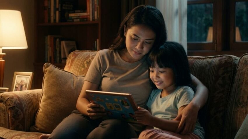 Apakah Peran Utama Orang Tua yang Paling Tepat Terkait Penggunaan Teknologi pada Anak di Era Digital, 3 Peran Penting yang Perlu Dipahami - 𝖗𝖎𝖋𝖆𝖎𝖍𝖆𝖒𝖉𝖆.𝖈𝖔𝖒 Ilustrasi yang menunjukkan apakah peran utama orang tua yang paling tepat terkait penggunaan teknologi pada anak di era digital adalah menjadi pendamping, teladan, dan pembimbing, seperti yang terlihat pada seorang ibu yang menemani anaknya menggunakan tablet di rumah.