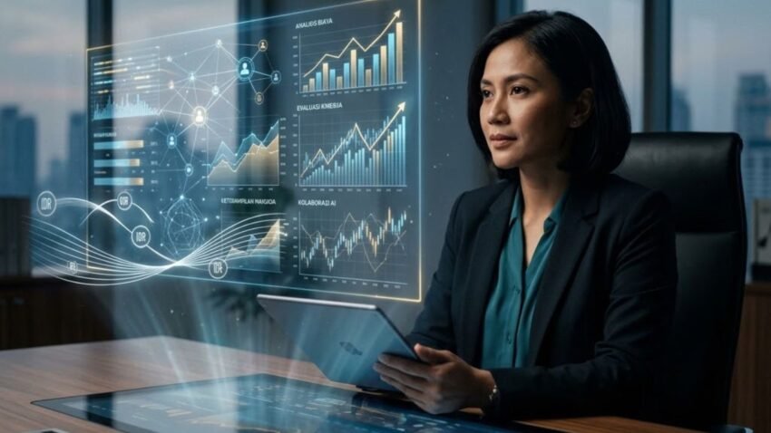 Ilustrasi seorang wanita profesional yang duduk di meja kerja modern, menggunakan tablet dan melihat tampilan visualisasi data holografik yang canggih. Gambar ini menunjukkan bagaimana kecerdasan buatan dapat menggantikan peran akuntan manajemen pada PT Teknologi Indonesia dalam mengolah data keuangan dan analisis bisnis, sekaligus menyoroti pentingnya kolaborasi antara manusia dan teknologi.