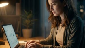 Coba kalian analisis 4 manfaat dari semakin pesatnya kemajuan teknologi informasi pada zaman sekarang melalui ilustrasi seorang wanita yang fokus bekerja menggunakan laptop di malam hari, yang menunjukkan efisiensi, akses informasi, dan peluang belajar yang terbuka lebar berkat perangkat digital modern.