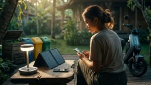 Sebuah ilustrasi yang menampilkan seorang wanita sedang menggunakan contoh teknologi ramah lingkungan di teras rumah yang asri. Di atas meja kayu terdapat panel surya portable yang sedang mengisi daya ponsel, serta lampu LED tenaga surya yang menyala. Di latar belakang terlihat sepeda motor listrik terparkir, tiga tong sampah untuk pemilahan (organik, kertas, plastik), dan sebuah kotak komposter, semuanya di bawah naungan pohon kelapa saat matahari terbit.
