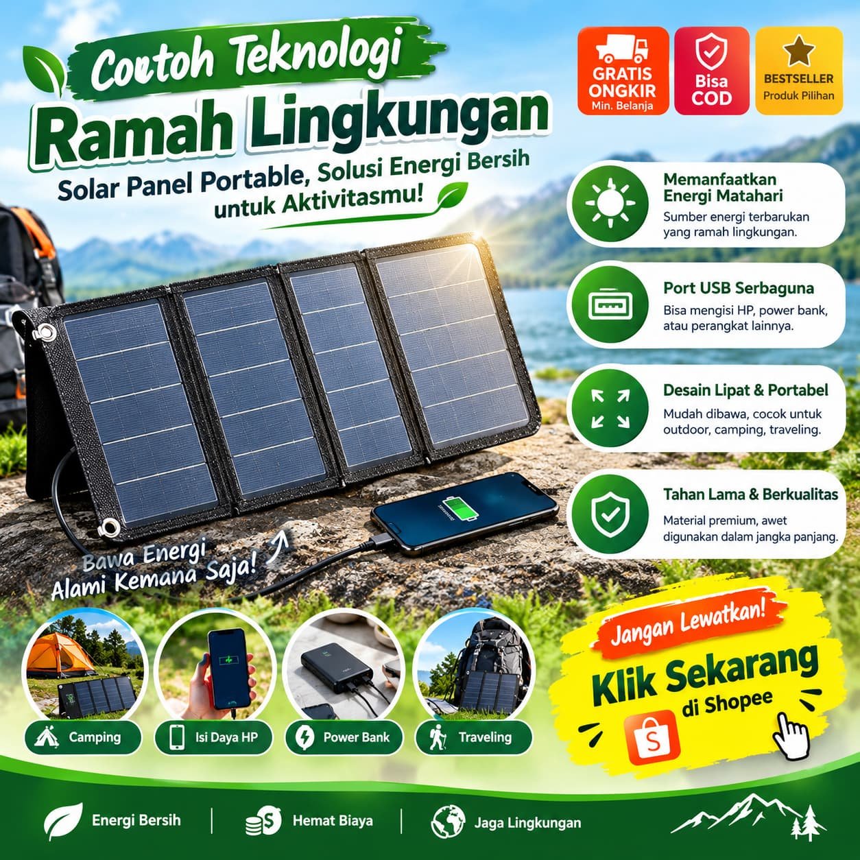 contoh teknologi ramah lingkungan berupa solar panel portable tenaga surya untuk mengisi daya HP dan power bank saat camping dan traveling.