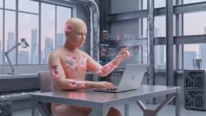Sebuah gambar ilustrasi futuristik yang merepresentasikan **jurusan teknologi informasi**, menampilkan figur robot humanoid sedang duduk dan berinteraksi dengan laptop serta antarmuka digital holografik yang menampilkan visualisasi data dan diagram jaringan komputer.