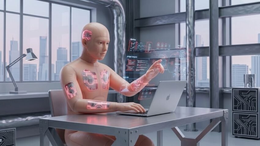 Sebuah gambar ilustrasi futuristik yang merepresentasikan **jurusan teknologi informasi**, menampilkan figur robot humanoid sedang duduk dan berinteraksi dengan laptop serta antarmuka digital holografik yang menampilkan visualisasi data dan diagram jaringan komputer.