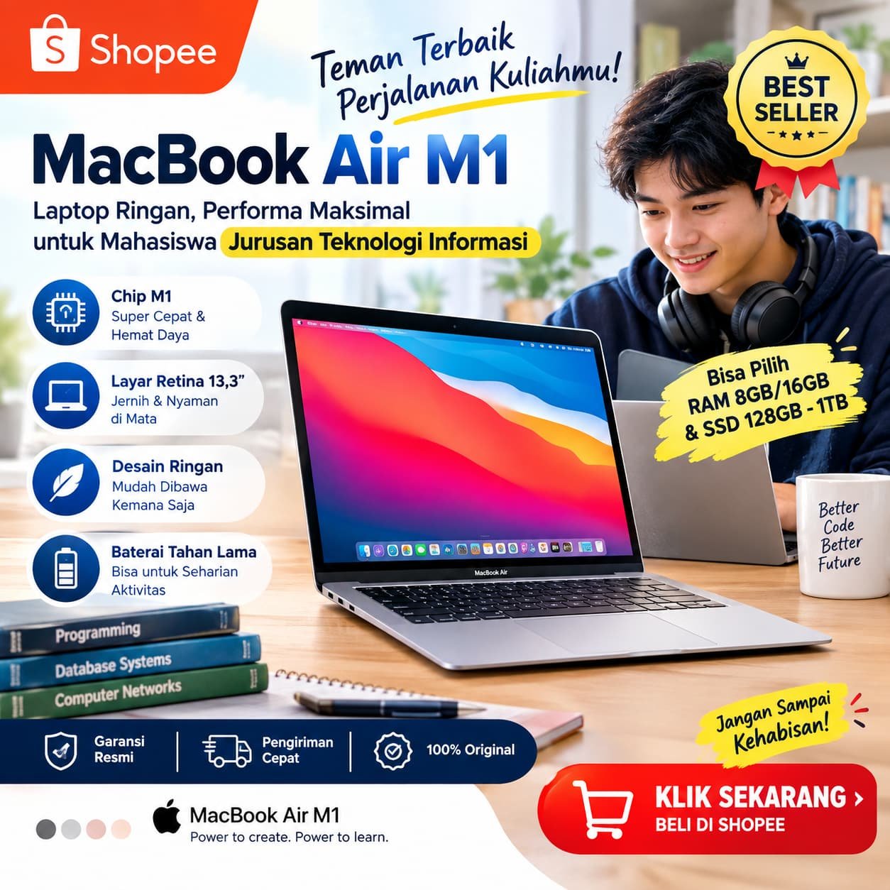 Jurusan Teknologi Informasi, Panduan Lengkap Memilih Kuliah TI dan Laptop untuk Belajar - 𝖗𝖎𝖋𝖆𝖎𝖍𝖆𝖒𝖉𝖆.𝖈𝖔𝖒 MacBook Air M1 sebagai laptop untuk mahasiswa jurusan teknologi informasi dengan desain ringan, chip M1, layar Retina 13,3 inci, dan pilihan RAM serta SSD, tersedia di Shopee.