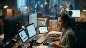 Seorang wanita pengusaha sedang sibuk bekerja di mejanya yang penuh dengan peralatan digital, mencerminkan bagaimana kegiatan bisnis akhir-akhir ini sangat kompleks karena perkembangan teknologi dan tuntutan efisiensi.