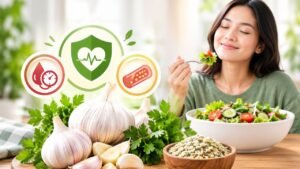 Ilustrasi manfaat bawang putih untuk kesehatan dengan bawang putih, peterseli, salad, dan pola makan sehat.