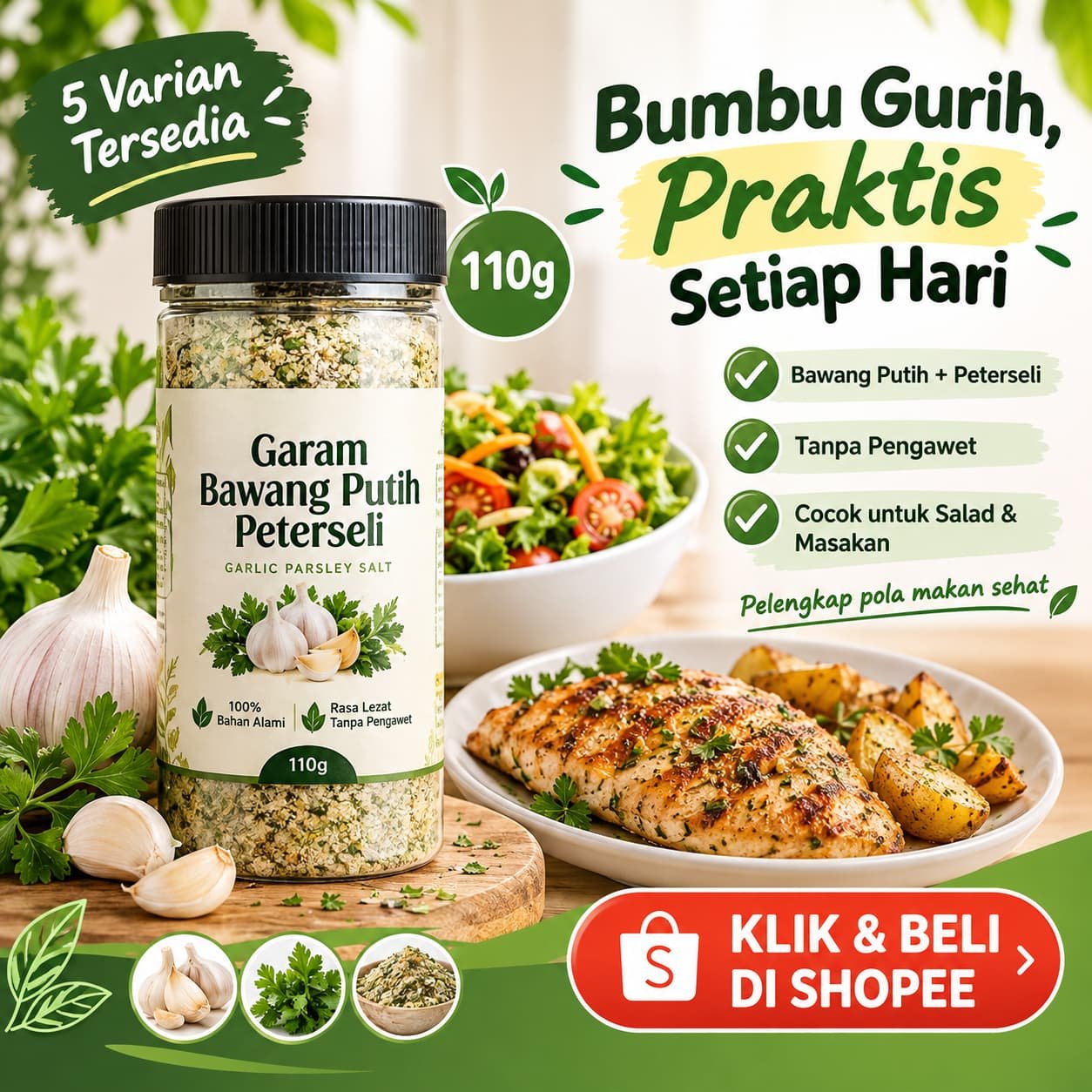 Garam bawang putih peterseli 110g sebagai bumbu praktis untuk melengkapi pola makan sehat terkait manfaat bawang putih untuk kesehatan.