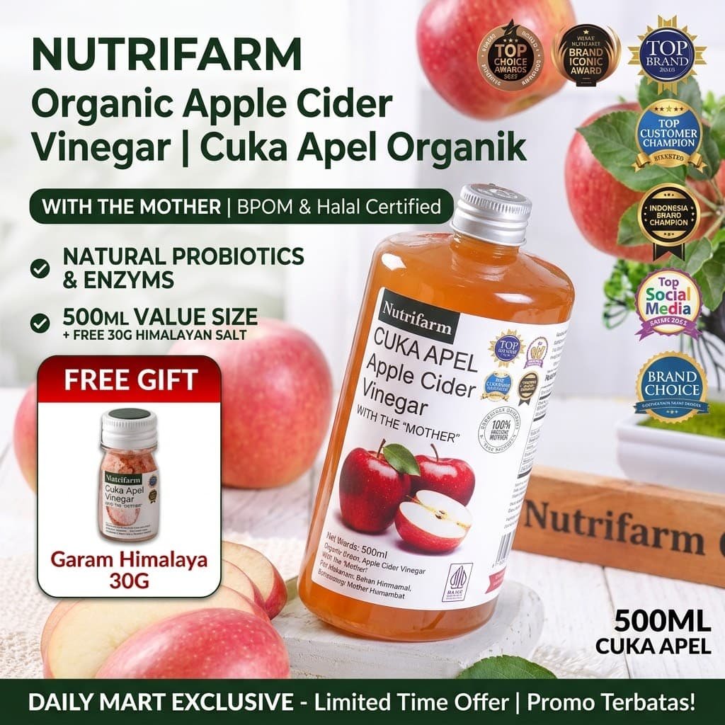 Banner promosi Cuka Apel Organik Nutrifarm 500ml free Garam Himalaya di Shopee untuk membantu menurunkan berat badan dan mengetahui manfaat cuka apel untuk kesehatan.