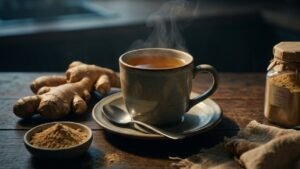 Secangkir wedang jahe hangat yang mengepul di atas meja kayu, dikelilingi oleh jahe segar, bubuk jahe dalam mangkuk kecil, dan toples jahe bubuk kemasan, menggambarkan manfaat jahe untuk kesehatan sebagai minuman alami yang menenangkan.