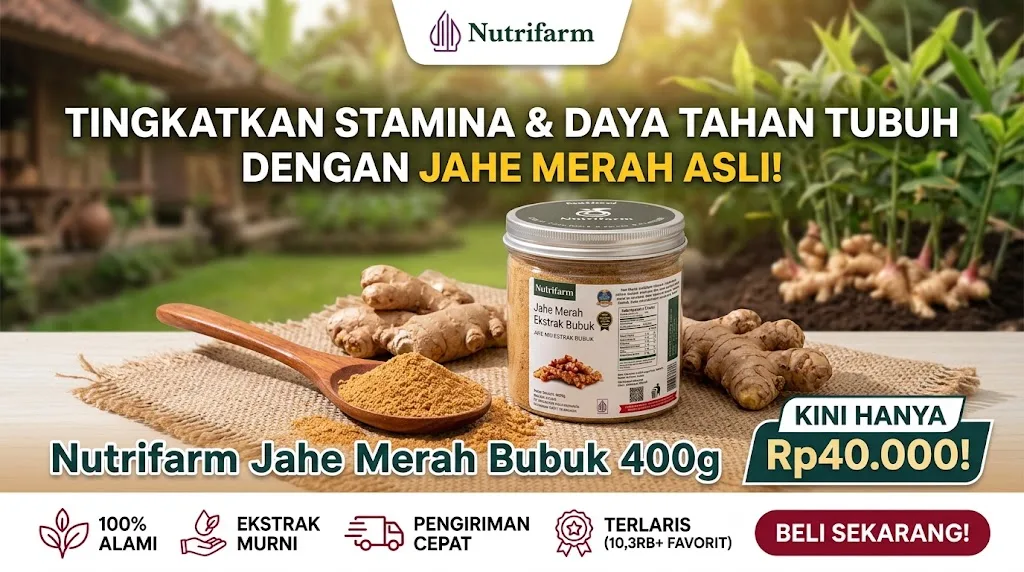 Banner promosi Nutrifarm Jahe Merah Bubuk 400g di Shopee Mall, menampilkan produk jahe merah instan murni untuk menjaga imun dan memperoleh manfaat jahe untuk kesehatan keluarga.