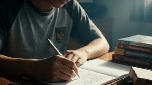 Siswa sedang menulis di buku catatan di meja belajar dengan pulpen estetik custom dan buku pelajaran Pancasila. Meskipun tampak pulpen estetik, gambar tersebut secara keseluruhan melambangkan semangat belajar dan pemahaman mendalam tentang pandangan hidup bangsa dan ideologi bagi negara indonesia adalah Pancasila, yang mendasari setiap pemikiran dan tindakan dalam menuntut ilmu.