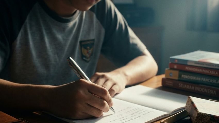 Pandangan Hidup Bangsa dan Ideologi bagi Negara Indonesia Adalah Pancasila, Ini 8 Contoh Penerapannya dalam Kehidupan Sehari-hari - 𝖗𝖎𝖋𝖆𝖎𝖍𝖆𝖒𝖉𝖆.𝖈𝖔𝖒 Siswa sedang menulis di buku catatan di meja belajar dengan pulpen estetik custom dan buku pelajaran Pancasila. Meskipun tampak pulpen estetik, gambar tersebut secara keseluruhan melambangkan semangat belajar dan pemahaman mendalam tentang pandangan hidup bangsa dan ideologi bagi negara indonesia adalah Pancasila, yang mendasari setiap pemikiran dan tindakan dalam menuntut ilmu.