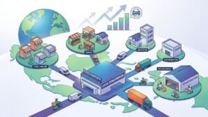 Sebuah ilustrasi isometrik yang menggambarkan jaringan logistik modern, menyoroti peluang perusahaan jika memasuki bisnis jasa pengiriman barang dengan menghubungkan gudang pusat ke toko online, UMKM, industri, dan layanan fulfillment di atas peta Indonesia dan dunia, lengkap dengan grafik pertumbuhan bisnis yang meningkat.