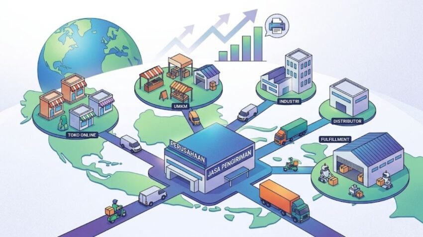 Sebuah ilustrasi isometrik yang menggambarkan jaringan logistik modern, menyoroti peluang perusahaan jika memasuki bisnis jasa pengiriman barang dengan menghubungkan gudang pusat ke toko online, UMKM, industri, dan layanan fulfillment di atas peta Indonesia dan dunia, lengkap dengan grafik pertumbuhan bisnis yang meningkat.