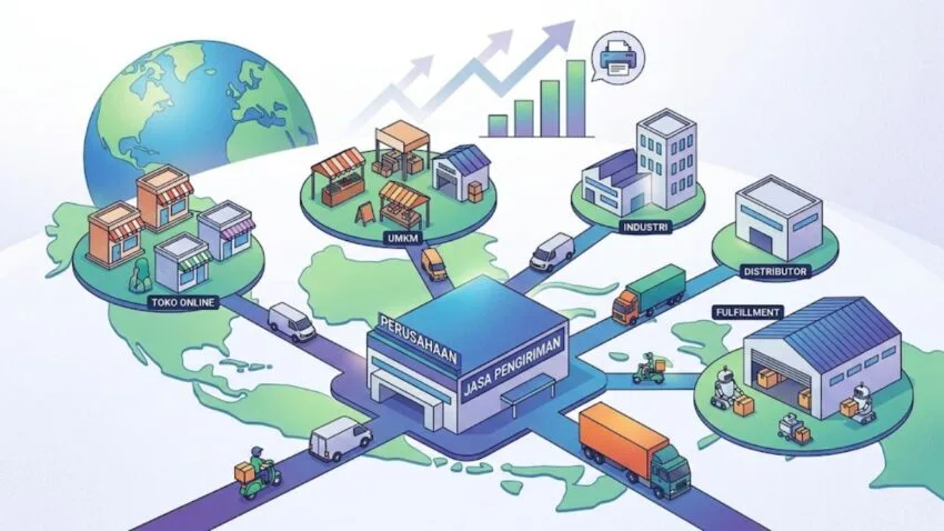 Sebuah ilustrasi isometrik yang menggambarkan jaringan logistik modern, menyoroti peluang perusahaan jika memasuki bisnis jasa pengiriman barang dengan menghubungkan gudang pusat ke toko online, UMKM, industri, dan layanan fulfillment di atas peta Indonesia dan dunia, lengkap dengan grafik pertumbuhan bisnis yang meningkat.