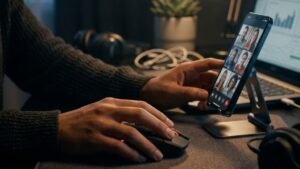 Sebuah gambar sinematik yang menunjukkan tangan seseorang menggunakan mouse komputer, dengan smartphone menampilkan video call di dekatnya. Gambar ini mengilustrasikan pengertian teknologi informasi dan komunikasi dalam kehidupan sehari-hari, menggabungkan perangkat keras, perangkat lunak, dan konektivitas untuk memproses, mengelola, dan bertukar informasi.