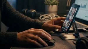 Pengertian Teknologi Informasi dan Komunikasi, Pahami Fungsi dan Contohnya di Era Digital Sebuah gambar sinematik yang menunjukkan tangan seseorang menggunakan mouse komputer, dengan smartphone menampilkan video call di dekatnya. Gambar ini mengilustrasikan pengertian teknologi informasi dan komunikasi dalam kehidupan sehari-hari, menggabungkan perangkat keras, perangkat lunak, dan konektivitas untuk memproses, mengelola, dan bertukar informasi.