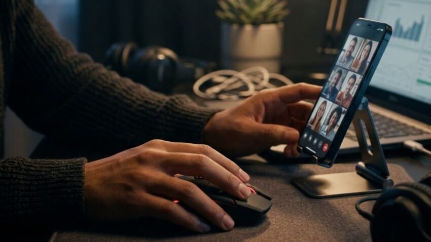 Sebuah gambar sinematik yang menunjukkan tangan seseorang menggunakan mouse komputer, dengan smartphone menampilkan video call di dekatnya. Gambar ini mengilustrasikan pengertian teknologi informasi dan komunikasi dalam kehidupan sehari-hari, menggabungkan perangkat keras, perangkat lunak, dan konektivitas untuk memproses, mengelola, dan bertukar informasi.