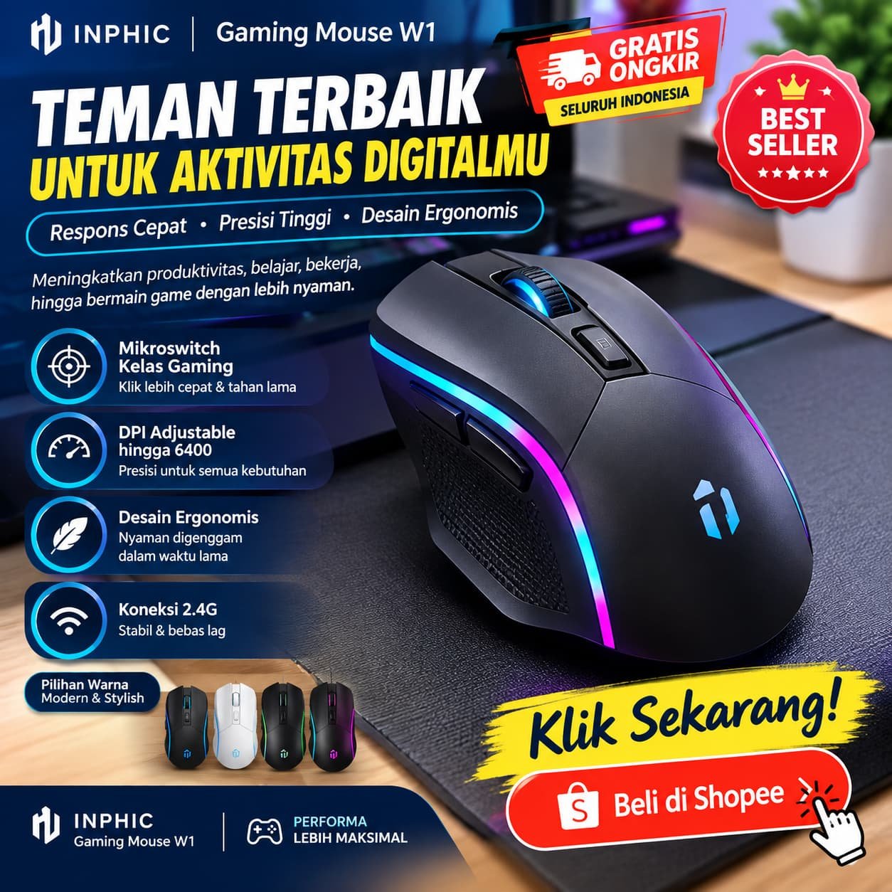 Pengertian teknologi informasi dan komunikasi melalui ilustrasi Gaming Mouse W1 INPHIC sebagai perangkat pendukung komputer untuk aktivitas digital.