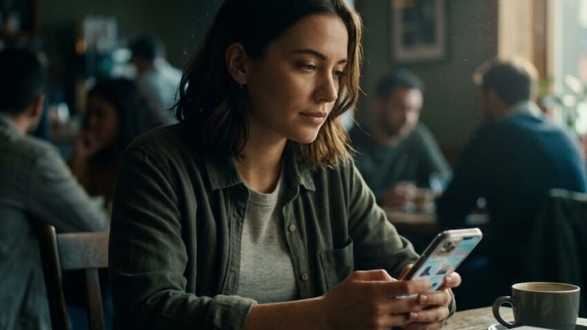 Sebuah foto ber-grain film dengan suasana yang fokus pada subjek, menampilkan seorang wanita di kafe yang sedang asyik dengan smartphone-nya. Gambar ini menunjukkan bahwa perubahan preferensi konsumen akibat perkembangan teknologi digital merupakan contoh pengaruh dari pergeseran cara orang berbelanja dan berinteraksi di era digital.