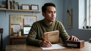 Seorang pria sedang duduk termenung di depan meja kerja, memegang buku 'Pengantar Kewirausahaan' dan meletakkan tangan di atas kotak modal. Gambar ini mengilustrasikan langkah awal perencanaan usaha, karena untuk mendirikan bisnis sebaiknya dimulai dengan persiapan yang matang dan pemahaman dasar kewirausahaan.