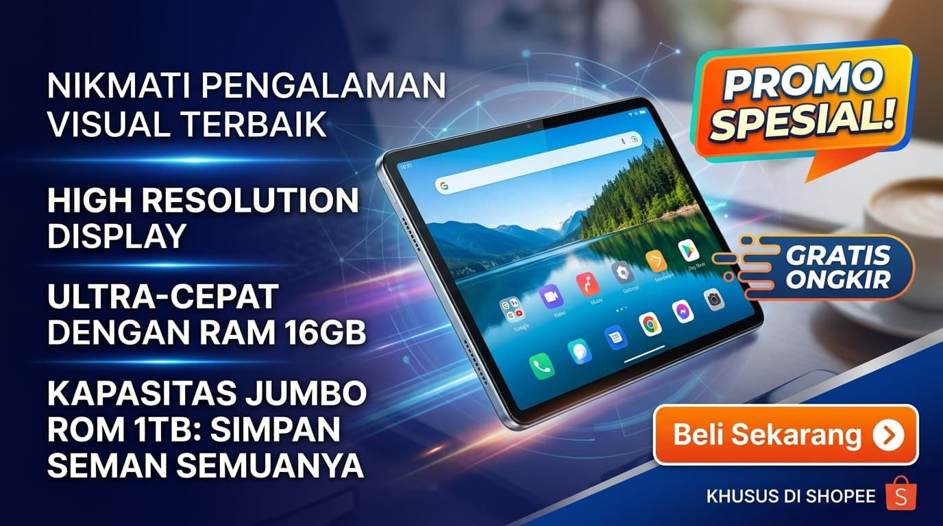 Banner promosi tablet Android modern berukuran 12 inci dan smartphone sebagai contoh dua jenis alat teknologi informasi modern yang berfungsi untuk meningkatkan produktivitas, belajar online, serta komunikasi secara efisien.