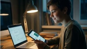 Seorang siswa laki-laki duduk di meja belajar yang diterangi lampu, fokus menggunakan tablet di tangannya dan laptop yang menyala di depannya, merepresentasikan kemampuan dapat menyebutkan dan menjelaskan manfaat sedikitnya dua jenis alat teknologi informasi modern untuk pembelajaran.