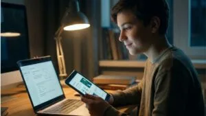 Dapat Menyebutkan dan Menjelaskan Manfaat Sedikitnya Dua Jenis Alat Teknologi Informasi Modern! Ini 5 Contoh dan Manfaatnya untuk Pembelajaran Seorang siswa laki-laki duduk di meja belajar yang diterangi lampu, fokus menggunakan tablet di tangannya dan laptop yang menyala di depannya, merepresentasikan kemampuan dapat menyebutkan dan menjelaskan manfaat sedikitnya dua jenis alat teknologi informasi modern untuk pembelajaran.