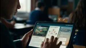 Menurut Anda, Bagaimana Integrasi Platform, Media, dan Konten Pembelajaran Digital Dapat Membantu Murid Belajar Lebih Mendalam Dibandingkan Pembelajaran yang Hanya Mengandalkan Satu Jenis Media? Berikan Contoh Situasi yang Anda Bayangkan atau Pernah Alami. Ini 6 Manfaat Integrasi Pembelajaran Digital Bagi Murid Sebuah foto close-up tangan seorang siswa yang fokus pada 'Luxis Tablet Pro12' di ruang kelas yang remang-remang dan sinematik. Tablet tersebut menampilkan platform pendidikan ekosistem yang kaya dengan video yang sedang diputar, infografis jaring makanan interaktif, dan obrolan diskusi kelompok. Ikon holografik yang bersinar untuk kamera, mikrofon, dan penulisan mewakili alat multimedia. Gambar ini mengilustrasikan bagaimana integrasi platform, media, dan konten pembelajaran digital dapat membantu murid belajar lebih mendalam dibandingkan dengan pembelajaran yang hanya mengandalkan satu jenis media, menciptakan pengalaman yang aktif dan multifaset. Situasi ini menunjukkan pemanfaatan berbagai jenis media secara terpadu, memberikan contoh nyata bagi murid dan guru dalam proses belajar mengajar. Ini 6 Manfaat Integrasi Pembelajaran Digital Bagi Murid terlihat jelas dari interaksi yang serbaguna ini.