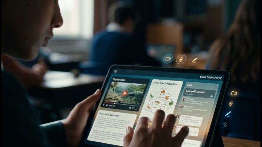 Menurut Anda, Bagaimana Integrasi Platform, Media, dan Konten Pembelajaran Digital Dapat Membantu Murid Belajar Lebih Mendalam Dibandingkan Pembelajaran yang Hanya Mengandalkan Satu Jenis Media? Berikan Contoh Situasi yang Anda Bayangkan atau Pernah Alami. Ini 6 Manfaat Integrasi Pembelajaran Digital Bagi Murid - 𝖗𝖎𝖋𝖆𝖎𝖍𝖆𝖒𝖉𝖆.𝖈𝖔𝖒 Sebuah foto close-up tangan seorang siswa yang fokus pada 'Luxis Tablet Pro12' di ruang kelas yang remang-remang dan sinematik. Tablet tersebut menampilkan platform pendidikan ekosistem yang kaya dengan video yang sedang diputar, infografis jaring makanan interaktif, dan obrolan diskusi kelompok. Ikon holografik yang bersinar untuk kamera, mikrofon, dan penulisan mewakili alat multimedia. Gambar ini mengilustrasikan bagaimana integrasi platform, media, dan konten pembelajaran digital dapat membantu murid belajar lebih mendalam dibandingkan dengan pembelajaran yang hanya mengandalkan satu jenis media, menciptakan pengalaman yang aktif dan multifaset. Situasi ini menunjukkan pemanfaatan berbagai jenis media secara terpadu, memberikan contoh nyata bagi murid dan guru dalam proses belajar mengajar. Ini 6 Manfaat Integrasi Pembelajaran Digital Bagi Murid terlihat jelas dari interaksi yang serbaguna ini.