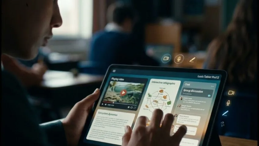 Sebuah foto close-up tangan seorang siswa yang fokus pada 'Luxis Tablet Pro12' di ruang kelas yang remang-remang dan sinematik. Tablet tersebut menampilkan platform pendidikan ekosistem yang kaya dengan video yang sedang diputar, infografis jaring makanan interaktif, dan obrolan diskusi kelompok. Ikon holografik yang bersinar untuk kamera, mikrofon, dan penulisan mewakili alat multimedia. Gambar ini mengilustrasikan bagaimana integrasi platform, media, dan konten pembelajaran digital dapat membantu murid belajar lebih mendalam dibandingkan dengan pembelajaran yang hanya mengandalkan satu jenis media, menciptakan pengalaman yang aktif dan multifaset. Situasi ini menunjukkan pemanfaatan berbagai jenis media secara terpadu, memberikan contoh nyata bagi murid dan guru dalam proses belajar mengajar. Ini 6 Manfaat Integrasi Pembelajaran Digital Bagi Murid terlihat jelas dari interaksi yang serbaguna ini.